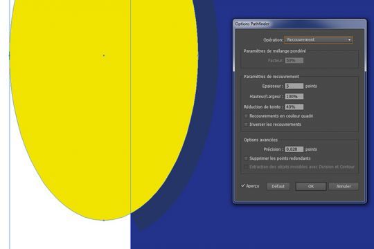Recouvrement avec le Pathfinder. Pour l'exemple, l'épaisseur du contour est de 5 pts, mais la valeur par défaut est 0.25 pts.