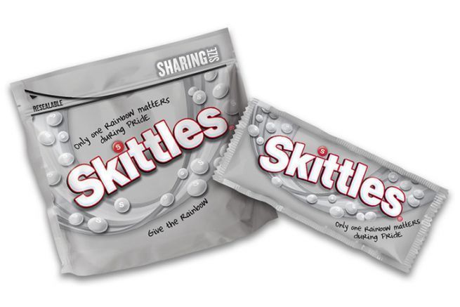 Don't try to adjust the colors on your screen: the Skittles candy package is printed in grayscale!